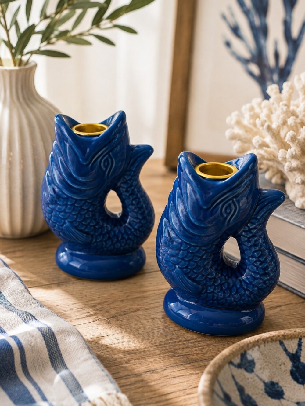 Flying Tiger Copenhagen Blue Fish Candle Holders Set of 2 NWT Imported - Picture 1 of 7